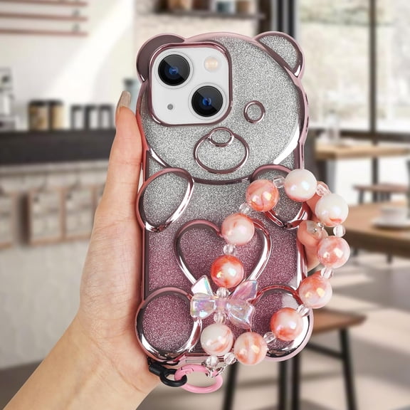 Compatible with iPhone 15 Bling Case Cute Bear Shape Clear Case Detachable Gradient Glitter Paper with Beaded Bracelet Chain for Women Girls Soft TPU Electroplated Phone Cover, Pink
