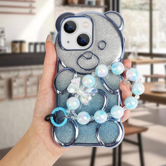 Compatible with iPhone 15 Bling Case Cute Bear Shape Clear Case Detachable Gradient Glitter Paper with Beaded Bracelet Chain for Women Girls Soft TPU Electroplated Phone Cover, Blue
