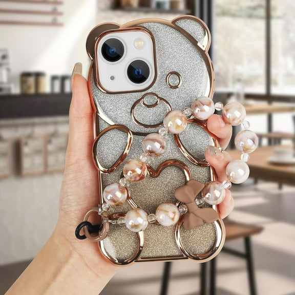 Compatible with iPhone 15 Bling Case Cute Bear Shape Clear Case Detachable Gradient Glitter Paper with Beaded Bracelet Chain for Women Girls Soft TPU Electroplated Phone Cover, Gold