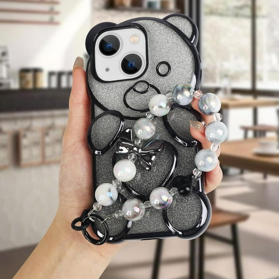 Compatible with iPhone 15 Bling Case Cute Bear Shape Clear Case Detachable Gradient Glitter Paper with Beaded Bracelet Chain for Women Girls Soft TPU Electroplated Phone Cover, Black