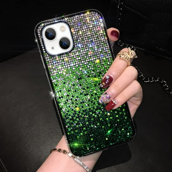 Compatible with iPhone 15 Bling Case Cute Glitter Diamond Rhinestone Shiny Gradient Crystal Bumper Luxury Protective Cover 3D Handmade Cover for Women Girls Green