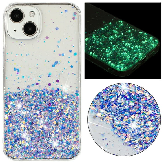 Compatible with iPhone 15 Bling Case Glow in The Dark Noctiluncent Fluorescent Luminous Phone Case Women Girls Girly Glitter Sparkling Slim Soft TPU Bumper Protective Cover,Purple