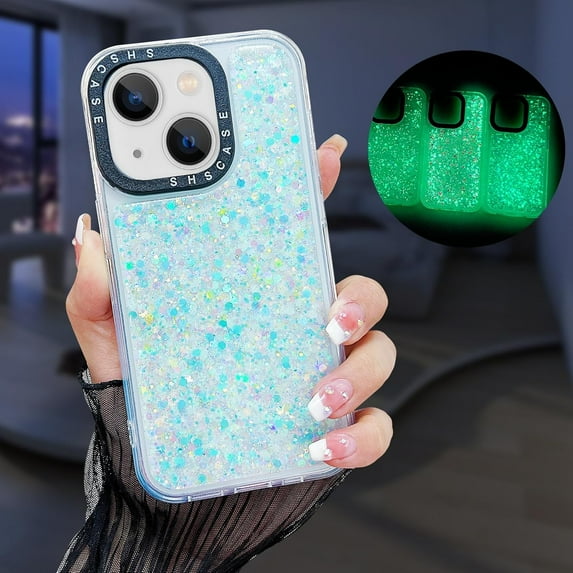 Compatible with iPhone 15 Bling Case Glow in The Dark Noctiluncent Fluorescent Luminous Phone Case Women Girls Girly Glitter Sparkling Slim Soft TPU Bumper Protective Cover,Green