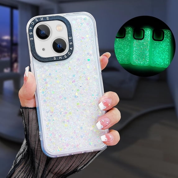 Compatible with iPhone 15 Bling Case Glow in The Dark Noctiluncent Fluorescent Luminous Phone Case Women Girls Girly Glitter Sparkling Slim Soft TPU Bumper Protective Cover,Silver