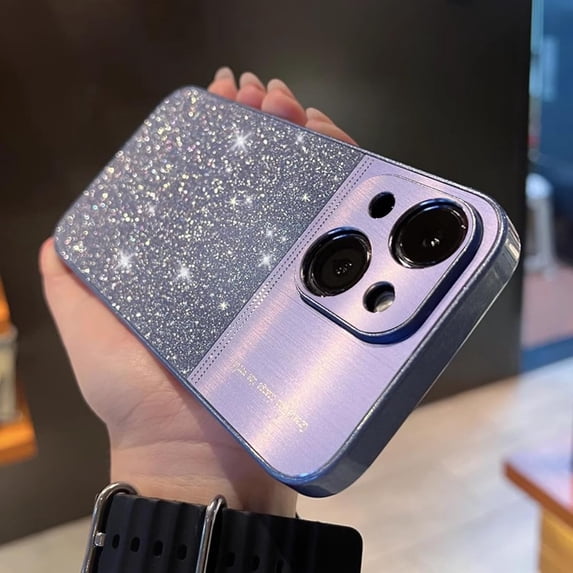 Compatible with iPhone 15 Bling Case Sparkling Glitter Metal Wire Drawing Glossy Slim Thin Lightweight Fashion Lens Protection Shockproof Cover for Women Girls