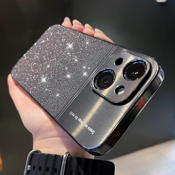 Compatible with iPhone 15 Bling Case Sparkling Glitter Metal Wire Drawing Glossy Slim Thin Lightweight Fashion Lens Protection Shockproof Cover for Women Girls