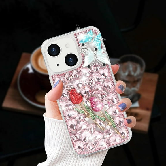 Compatible with iPhone 15 Bling Diamond Case Sparkle 3D Crystal Rhinestone Glitter Case Luxury Cute Butterfly Floral Case Women Girly Soft TPU Bumper Shockproof Phone Cover, Pink