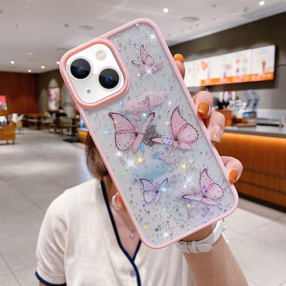 Compatible with iPhone 15 Butterfly Case Cute Bling Glitter Stars Transparent Clear Design Girly Women Girls Soft TPU Lens Protection Luxury Shockproof Shockproof Cover, Pink
