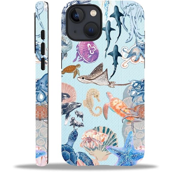 Compatible with iPhone 15 Case, 2-in-1 Design Back Pattern Cover Shock Absorption Soft TPU Bumper Frame Protective Case for iPhone 15 for Women 6.1inch-Sea Turtle Starfish