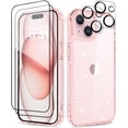 thumbnail image 1 of Compatible with iPhone 15 Case with 2X Screen Protectors + 2X Camera Lens Protectors, [Not Yellowing] Clear Glitter Phone Case, Protective Shockproof Women Cover for 6.1 Inch - Pink, 1 of 12