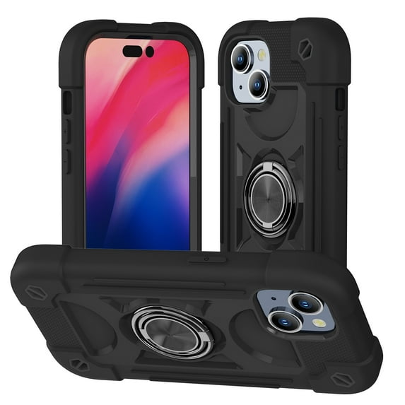 Compatible with iPhone 15 Case 6.1 Inch with 360°Rotate Ring Stand Holder, Military Grade Shockproof Drop Protection Rugged Heavy Duty Case 3 in 1 Protective Cover, Black