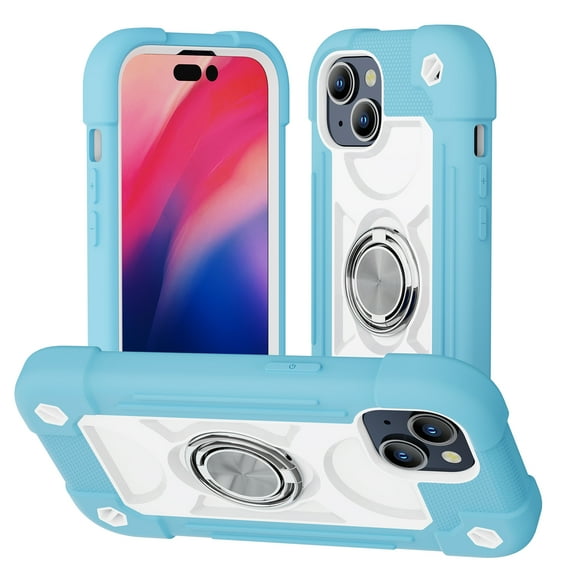 Compatible with iPhone 15 Case 6.1 Inch with 360°Rotate Ring Stand Holder, Military Grade Shockproof Drop Protection Rugged Heavy Duty Case 3 in 1 Protective Cover, Blue