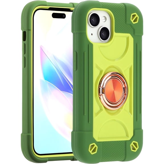 Compatible with iPhone 15 Case 6.1 Inch with Built-in Kickstand, [Full Body Rugged Military Grade] Drop Protection Heavy Duty Case 3 in 1 Protective Durable Cover for iPhone 15.(Avocado)