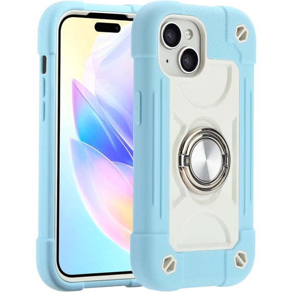 Compatible with iPhone 15 Case 6.1 Inch with Built-in Kickstand, [Full Body Rugged Military Grade] Drop Protection Heavy Duty Case 3 in 1 Protective Durable Cover for iPhone 15. (Ice Blue)