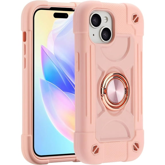 Compatible with iPhone 15 Case 6.1 Inch with Built-in Kickstand, [Full Body Rugged Military Grade] Drop Protection Heavy Duty Case 3 in 1 Protective Durable Cover for iPhone 15. (Pink)