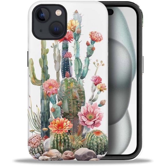 Compatible with iPhone 15 Case, A Cactus in Full Bloom Soft TPU + Hard PC 2-in-1, Anti-Scratch Soft TPU Shockproof Unique Protective Cover Pattern Design