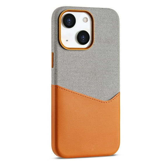 Compatible with iPhone 15 Case, Card Holder Camera Protection Cover for iPhone 15 ,Leather + Cloth double spell, Card Slot Designed for iPhone 15 Phone Case,Orange