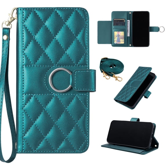 Compatible with iPhone 15 Case with Card Holder Crossbody Wrist Strap PU Leather Flip Case with Magnetic Clasp Kickstand Heavy Duty Protective Wallet Phone Case for Girls Women, Green