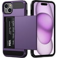 thumbnail image 1 of Compatible with iPhone 15 Case with Card Holder, Dual Layer Shockproof Wallet Phone Case, Hidden Card Slot Sliding Protective Hard Back Slim Cover Case for iPhone 15, 6.1 Inch Grey Purple, 1 of 14