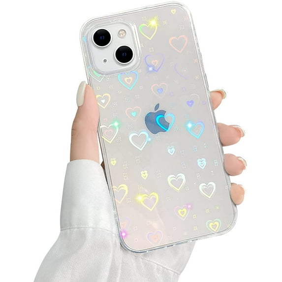 Compatible with iPhone 15 Case with Clear Holographic Glitter Heart Cute Pattern for Women Girls Fashion Soft Flexible Durable Slim TPU Cases for iPhone 15 -Clear