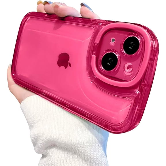 Compatible for iPhone 15 Case with Clear Kickstand Creative Protective Design Case with Camera Holder for TPU Slim Shockproof Cool Phone Case for iPhone 15-Rose red