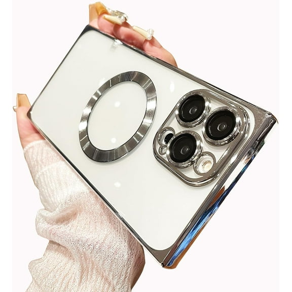 Compatible with iPhone 15  Case [Compatible with MagSafe] Luxury Clear Plating Magnetic Phone Case Camera Lens Protection Slim Soft Shockproof Cover for Women Girls Men, Silver