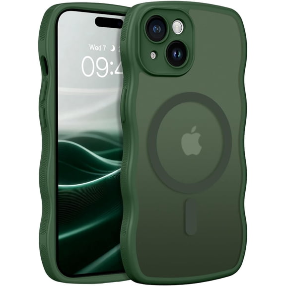 Compatible with iPhone 15 Case, [Compatible with Magsafe] Non-Slip Easier Grip Curly Wave Frame Design Shockproof Protective Bumper Cute Magnetic Phone Cover for iPhone 15 6.1", Dark Green