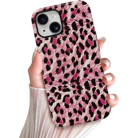 Compatible with iPhone 15 Case Cute Leopard Print Phone Case for Women Girl Shockproof Soft TPU and Hard PC Double Layer Protective Cover, Pink Leopard