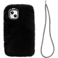 thumbnail image 1 of Compatible with iPhone 15 Case Cute Plush Case with Glitter Lanyard Strap Bling Diamond Camera Lens Protector Soft Winter Warm Plush Fluffy Cover for Women and Girls, Black, 1 of 9