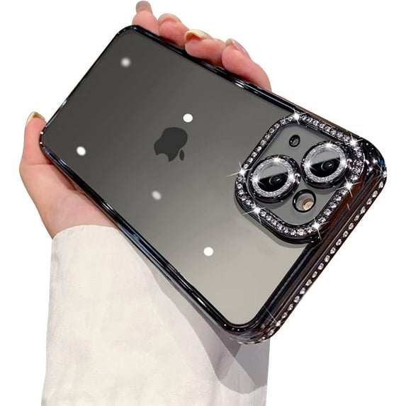 Compatible for iPhone 15 Case with Glitter Diamond Camera Len Protector,Bling Clear Crystal Cute Phone Case Shockproof Sparkly for iPhone 15(6.1'')-Black