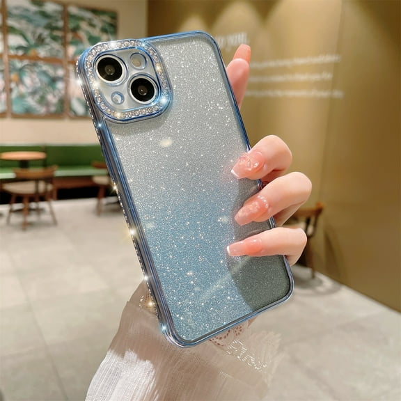 Compatible with iPhone 15 Case,Gradient Color Glitter Bling Diamond Sparkle Shiny Bumper and Camera Lens Design Clear Rubber Soft TPU Plating Edge Phone Cases for Women Girls, Blue