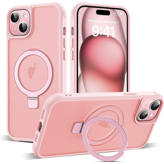 Compatible with iPhone 15 Case with Invisible Magnetic O-Ring Stand Military-Grade Translucent Case for iPhone 15 6.1" [Compatible with MagSafe][Great Grip Feeling], Pink