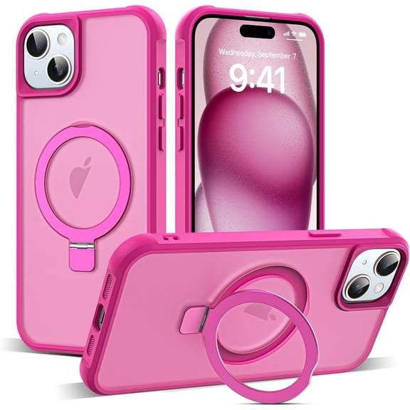 Compatible with iPhone 15 Case with Invisible Magnetic O-Ring Stand Military-Grade Translucent Case for iPhone 15 6.1" [Compatible with MagSafe][Great Grip Feeling], Rose
