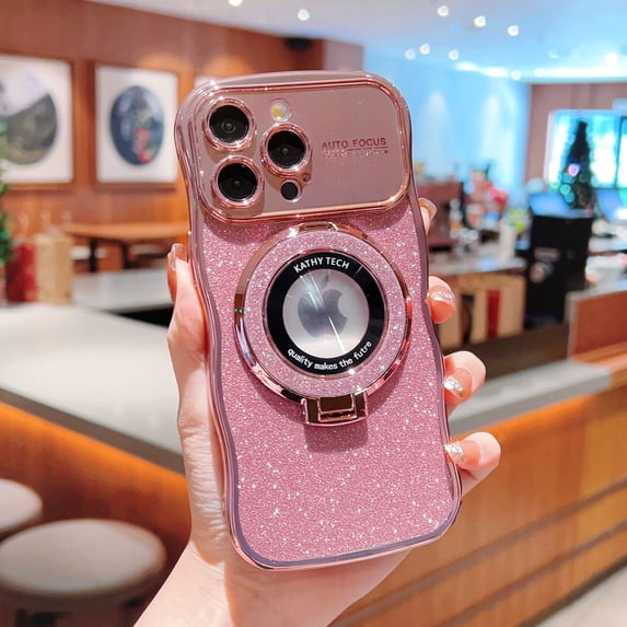 Compatible with iPhone 15 Case, Luxury Glitter Plating Magsafe Ring Kickstand Case Compatible with MagSafe for Women Girls Shockproof Protective Back Cover with Lens Protector - Rosegold