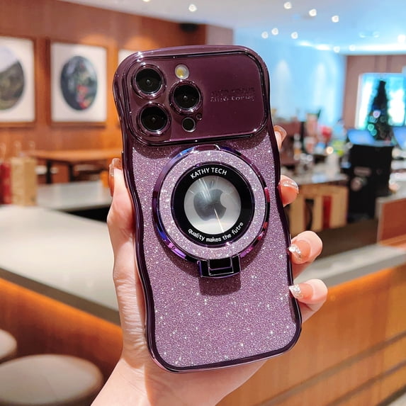 Compatible with iPhone 15 Case, Luxury Glitter Plating Magsafe Ring Kickstand Case Compatible with MagSafe for Women Girls Shockproof Protective Back Cover with Lens Protector - Darkpurple