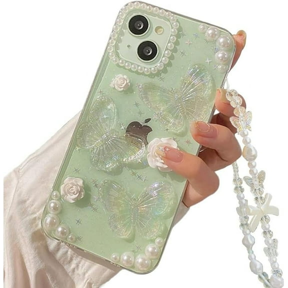 Compatible for iPhone 15 Case with Phone Charm Chain,3D Butterfly Flower Pearl Cute Aesthetic Phone Case,Crystal Clear Glitter Protective Case Women Girl for iPhone 15-6.1''