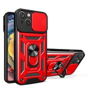 Compatible with iPhone 15 Case with Sliding Camera Lens Cover and Ring Kickstand Heavy Duty Military Grade Rugged Protection Shockproof Back Phone Cover for iPhone 15, Red