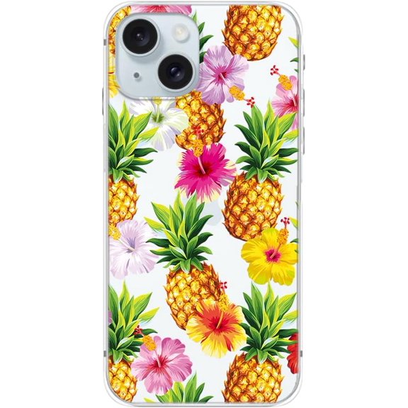 Compatible for iPhone 15 Case, Tropical Pineapple Style with Flower Pattern Fruits Design Transparent Soft TPU Protective Clear Case 6.1 inch (Tropical Pineapple)