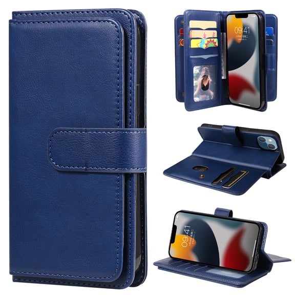 Compatible with iPhone 15 Case Wallet with Card Holder[10 Card Slots] Kickstand [RFID Blocking] Magnetic PU Leather Phone Case Flip Kickstand Folio TPU Shockproof Case,Darkblue