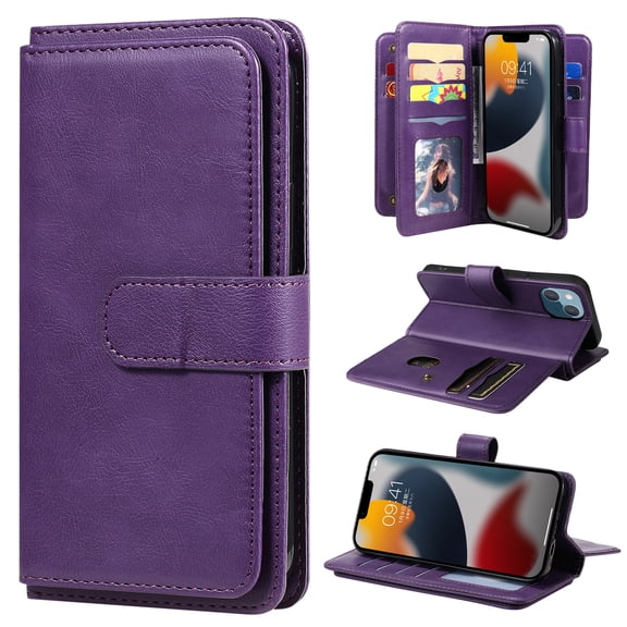 Compatible with iPhone 15 Case Wallet with Card Holder[10 Card Slots] Kickstand [RFID Blocking] Magnetic PU Leather Phone Case Flip Kickstand Folio TPU Shockproof Case,Purple