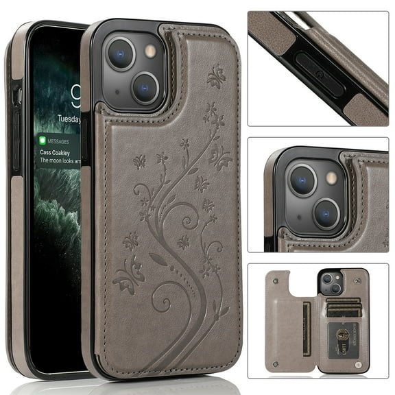 Compatible with iPhone 15 Case Wallet with Card Holder,Embossed Butterfly Pattern PU Leather Double Magnetic Buttons Flip Shockproof Protective Cover for iPhone 15 6.1 Inch, Gray