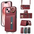 thumbnail image 1 of Compatible with iPhone 15 Case Wallet Card Holder Leather PU Cover Folio Lanyard Crossbody Strap Women Girl Magnetic Clasp Kickstand Ring Holder Shockproof Protective Case,Red, 1 of 21