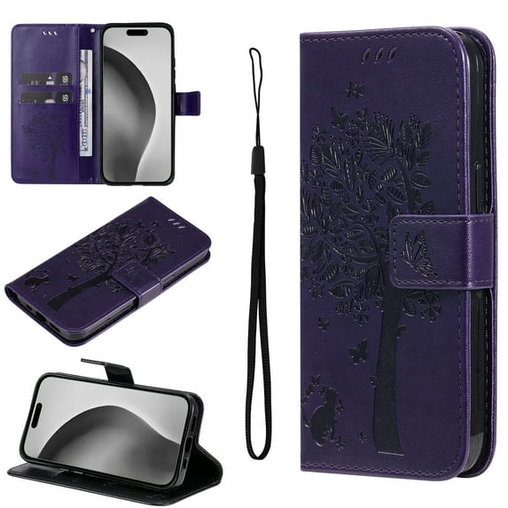 Compatible with iPhone 15 Case Wallet Case with Kickstand Credit Card Holder Slots Cute Cat Butterfly & Tree Embossed Premium PU Leather Protective Phone Case with Wrist Strap,Purple