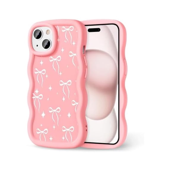 Compatible with iPhone 15 Case for Women Girls, Curly Wavy Frame with Cute Pattern, Aesthetic Slim Soft Silicone TPU Bumper Shockproof Phone Case for iPhone 15 - Bowknot Star