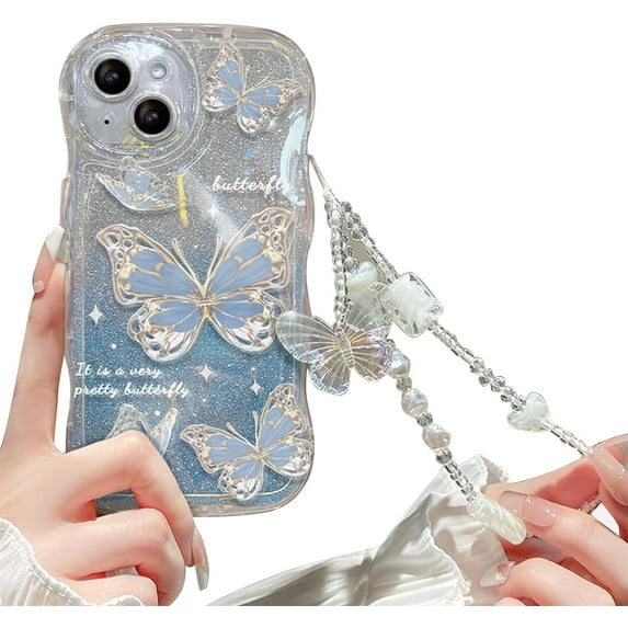 Compatible with iPhone 15 Case for Women/Girls, Cute Butterfly Glitter Bling with Bracelets Anti-Scratch Shockproof Case for iPhone 15, Blue with Bracelets