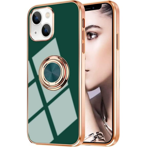 Compatible with iPhone 15 Case for Women Girls Kickstand Ring Holder 360 TPU Rotation Ring Case with Stand Plating Edge Work with Magnetic Mount Slim Luxury Case, Green