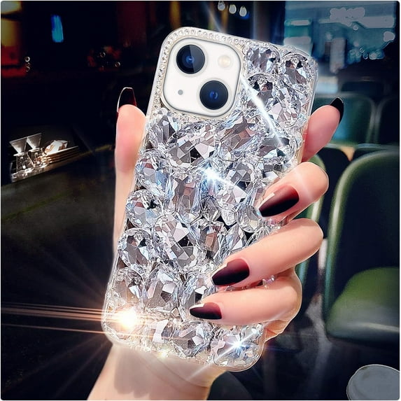 Compatible with iPhone 15 Case for Women,Very Shiny Luxury Bling Phone Case with 3D Glitter Sparkle Crystal Rhinestone Diamond Gems,Soft TPU Bumper Cover for Girly Girls(Silver)