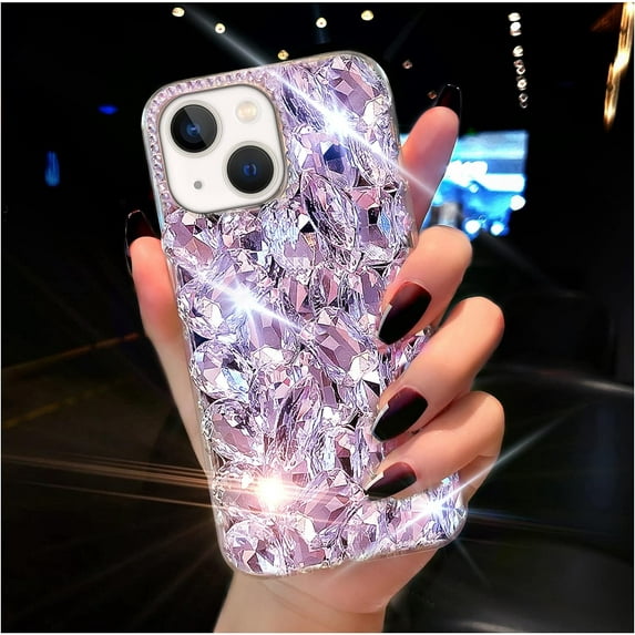 Compatible with iPhone 15 Case for Women,Very Shiny Luxury Bling Phone Case with 3D Glitter Sparkle Crystal Rhinestone Diamond Gems,Soft TPU Bumper Cover for Girly Girls(Purple)