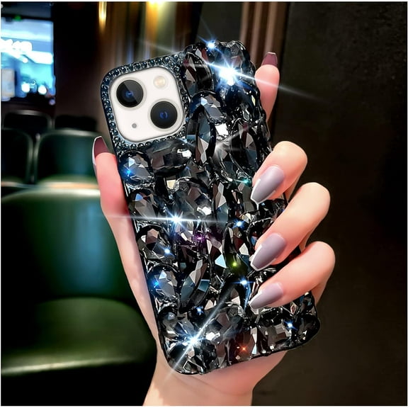 Compatible with iPhone 15 Case for Women,Very Shiny Luxury Bling Phone Case with 3D Glitter Sparkle Crystal Rhinestone Diamond Gems,Soft TPU Bumper Cover for Girly Girls(Black)