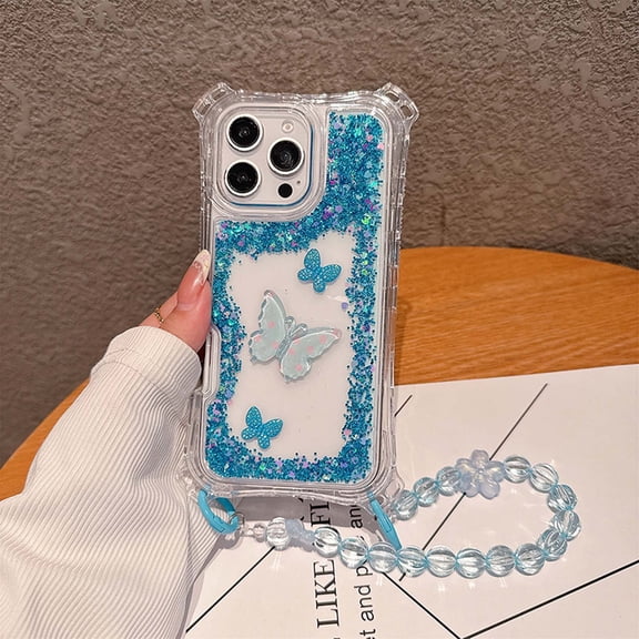 Compatible with iPhone 15 Clear Phone Case,Back 3D Butterfly,With Beading Wrist Strap,3-in-1 Heavy Duty Shockproof Anti-Drop Bling Sparkle Colorful Glitter Transparent Phone Case,Blue